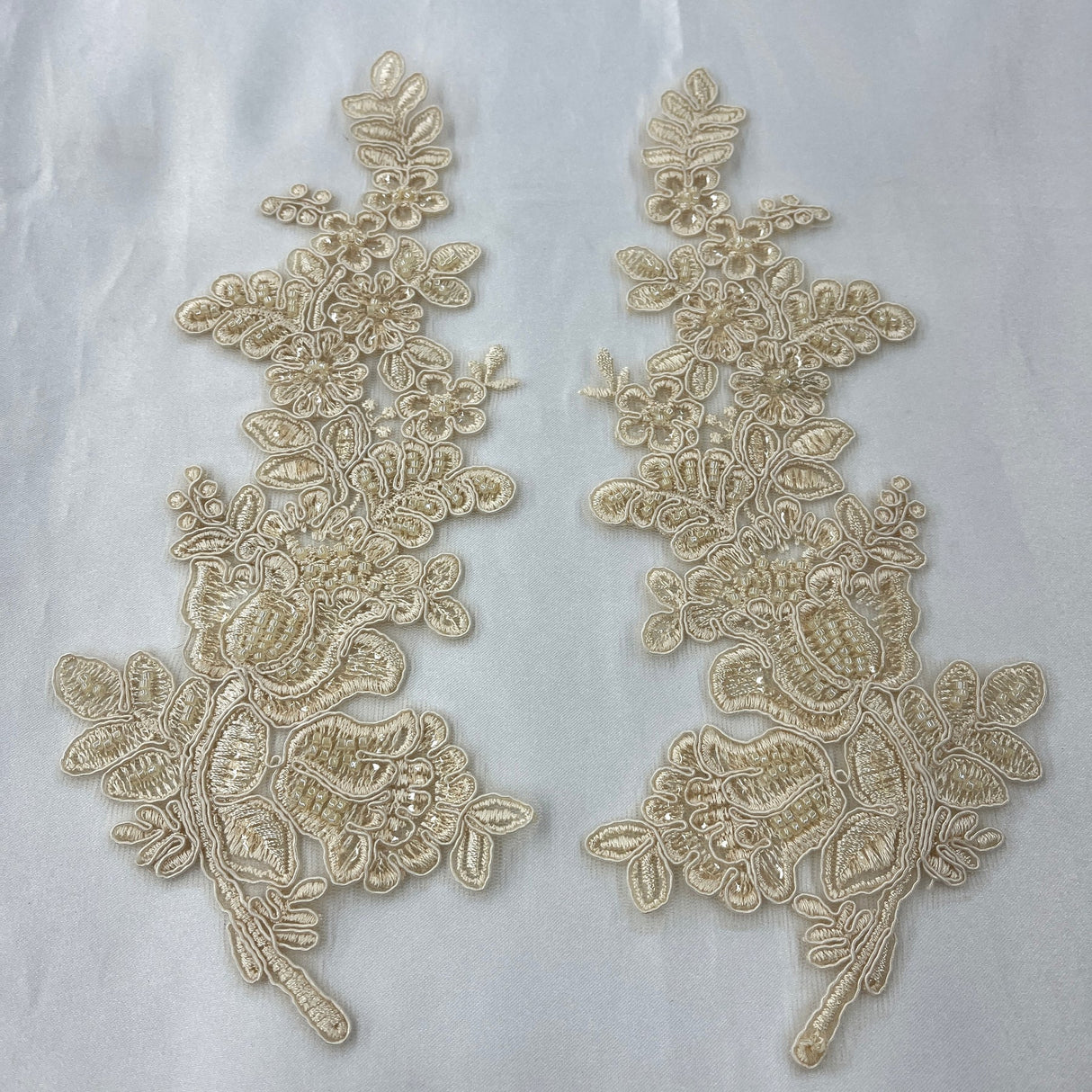 1 Pair 12" x 3.5" Beaded & Corded Floral Lace Applique 100% Polyester Net Mesh