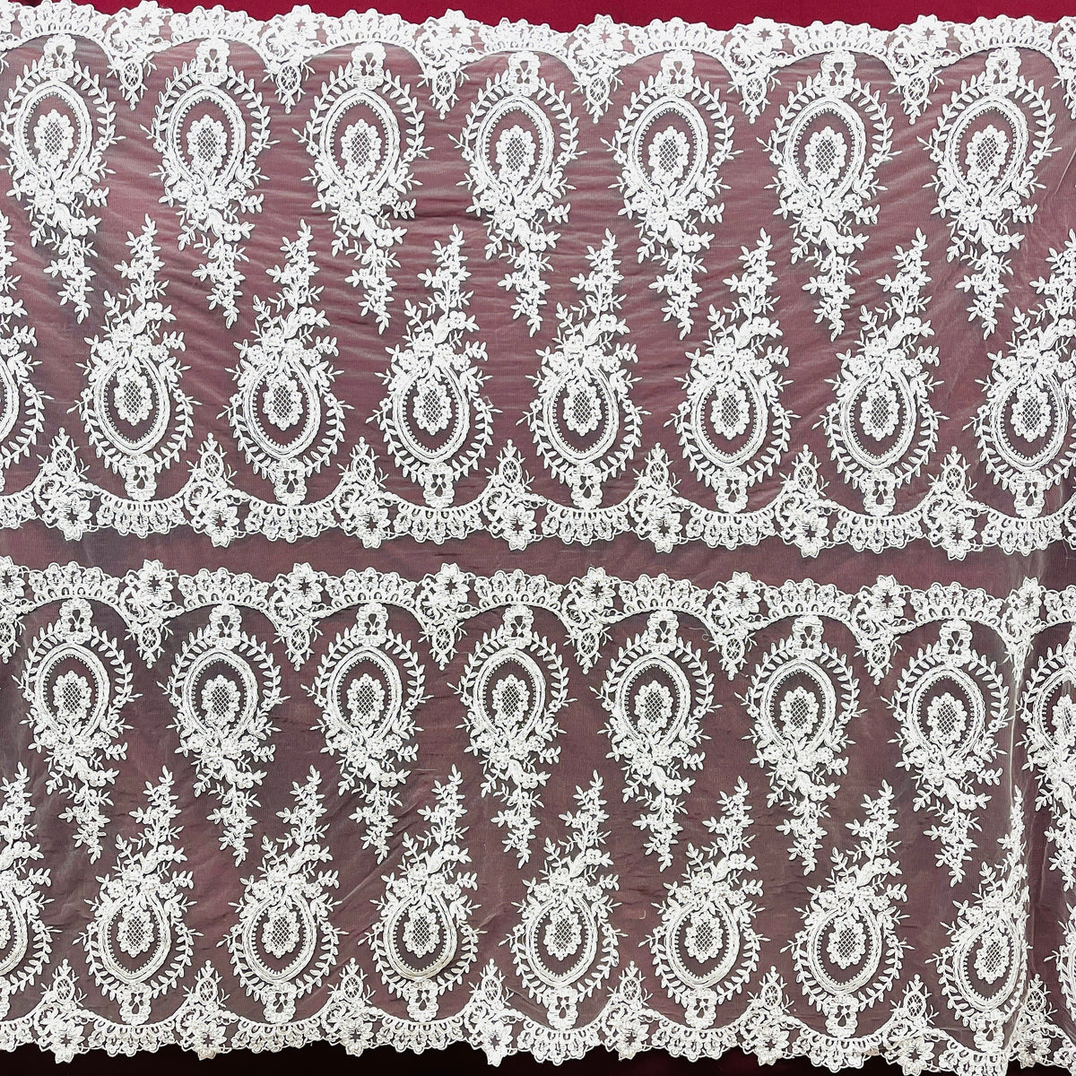 1 Yard 48" Wide Beaded & Corded Lace Fabric Embroidered on 100% Polyester Net Mesh