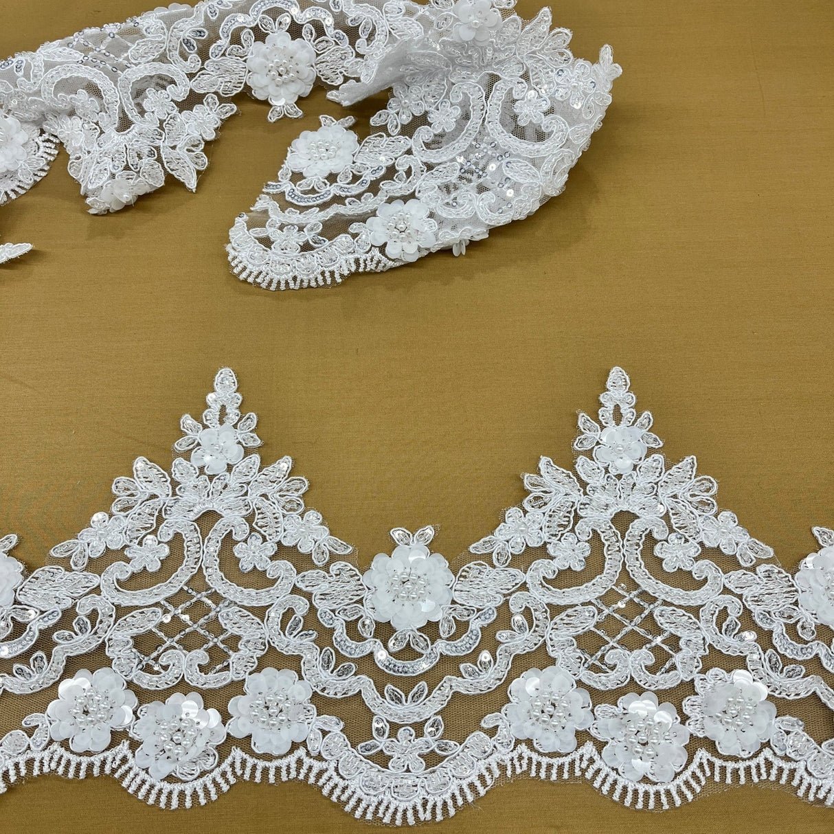 1 Yard Embroidered on 100% Polyester Net Mesh 7" Wide Beaded & Corded Floral Lace Trimming