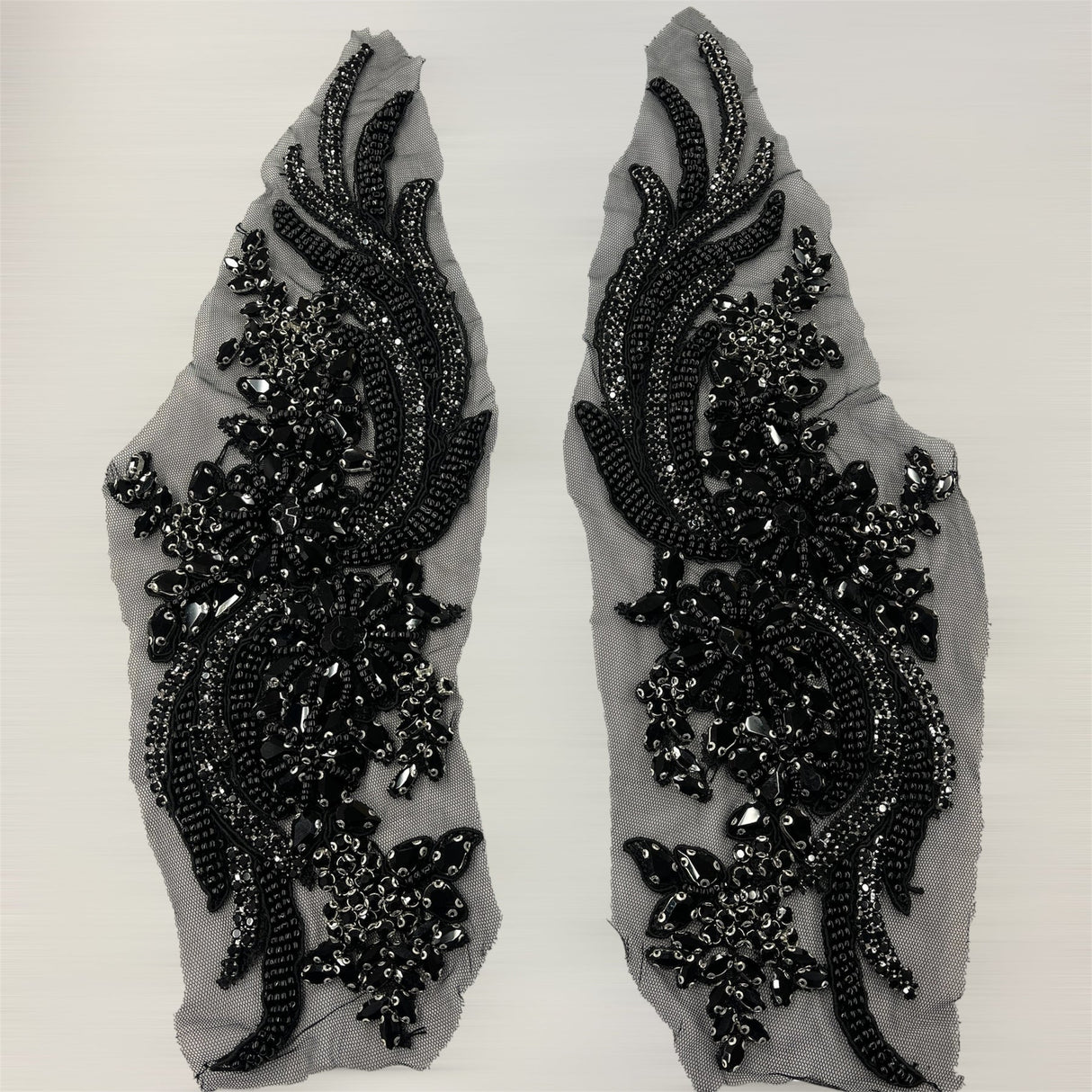 1 Pair 14" x 4" Each Side Crystal Rhinestone Beaded & Corded Lace 100% Polyester