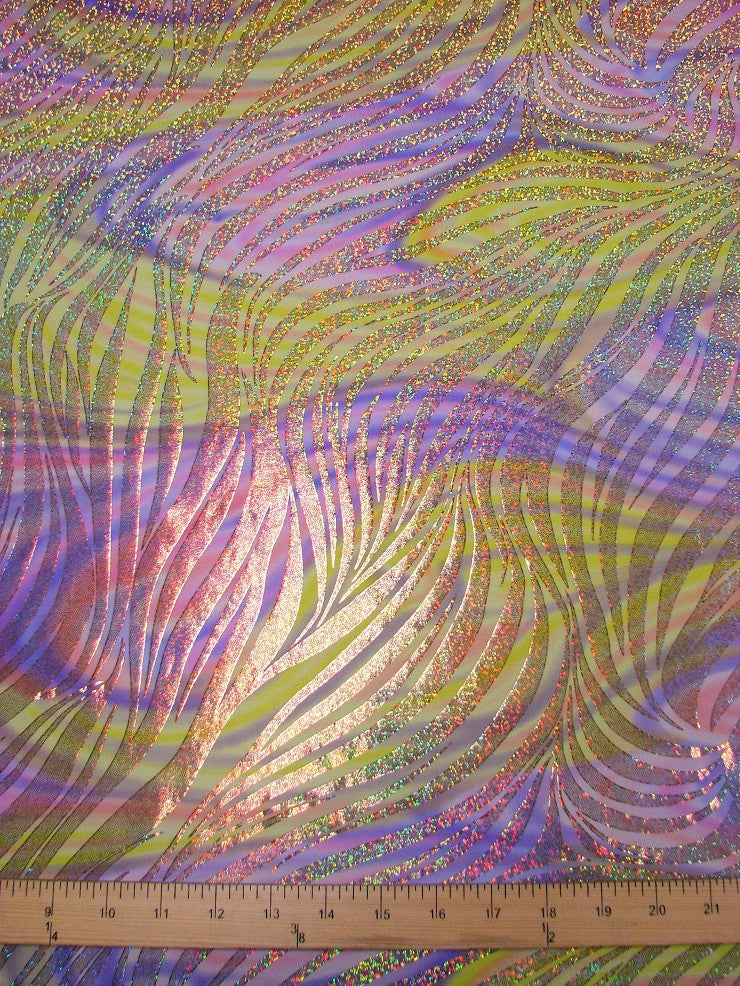 Zebra Holographic Foil On Bright Swirl Pattern Stretch Polyester Spandex Fabric - Bright Swirl Zebra Foil, 58"-60" Width