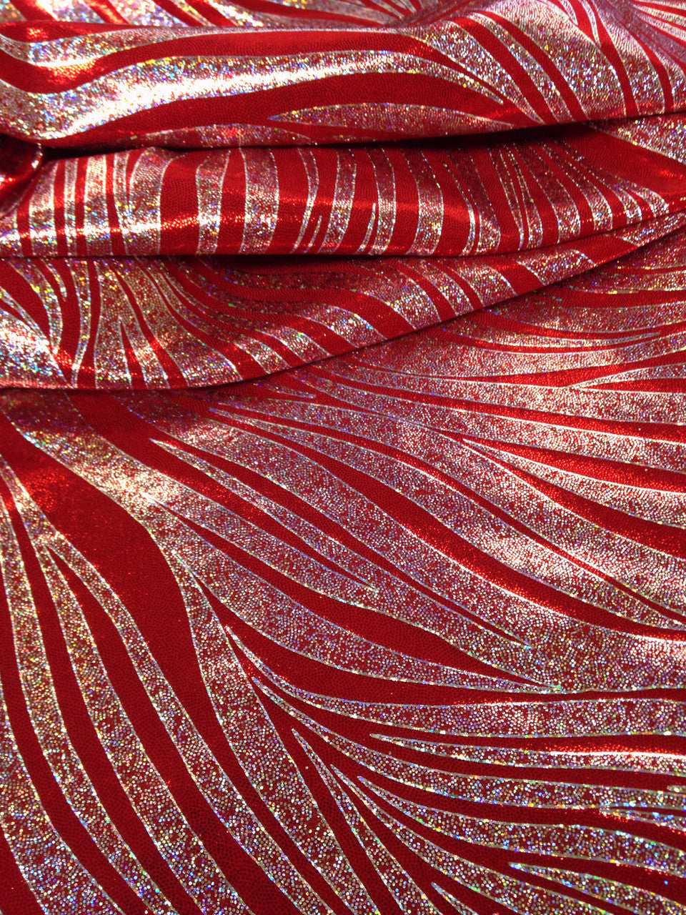 Zebra Pattern Shiny Holographic Foil Nylon Spandex Fabric - Zebra Pattern, Royal, Red, Purple, 58"-60" Width