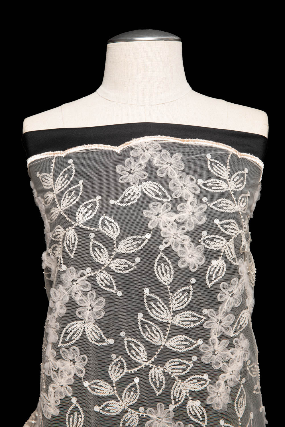 1 Yard Tulle Lace Fabric with Embroidered Tape Work & Floral Pattern, 52" Wide