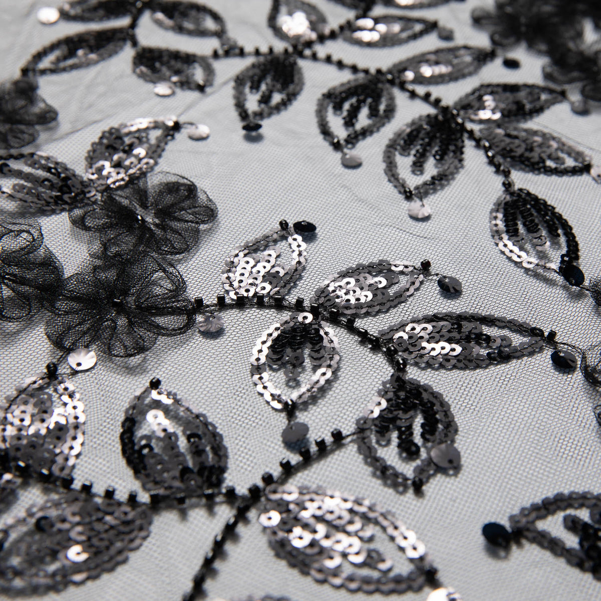 1 Yard Tulle Lace Fabric with Embroidered Tape Work & Floral Pattern, 52" Wide