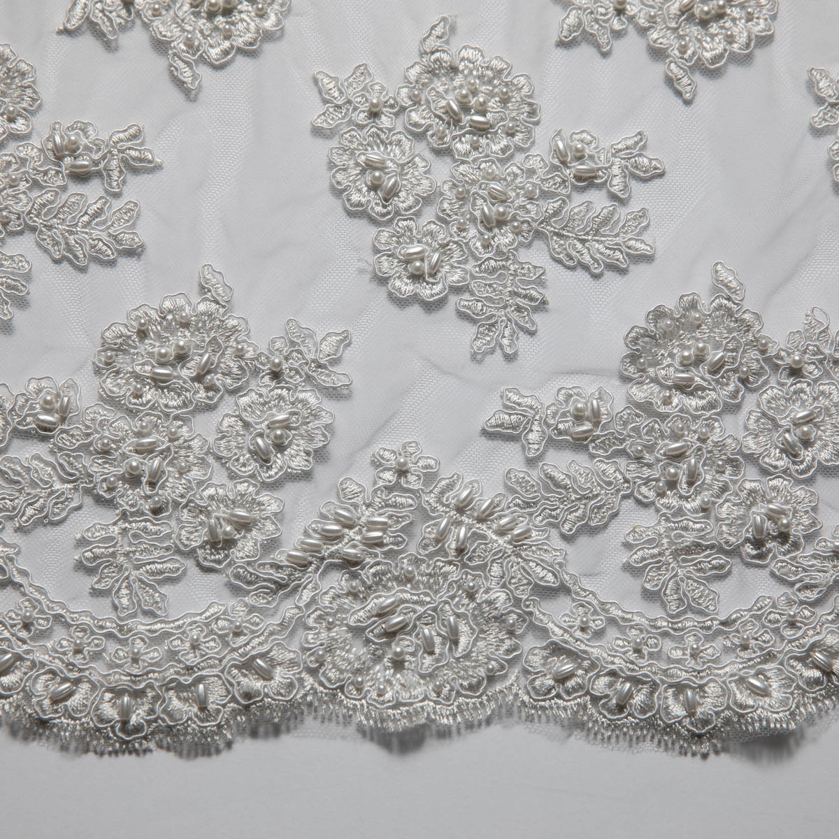 1 Yard Tulle Lace Fabric Embroidered with Beads and Floral Design, 52/54" Wide