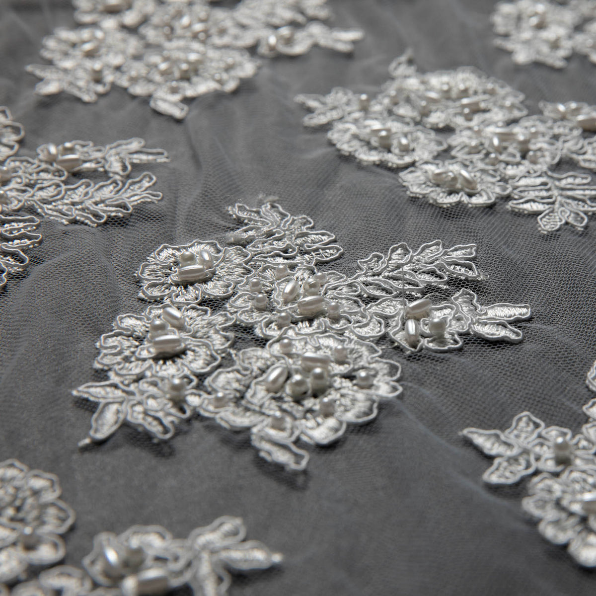 1 Yard Tulle Lace Fabric Embroidered with Beads and Floral Design, 52/54" Wide