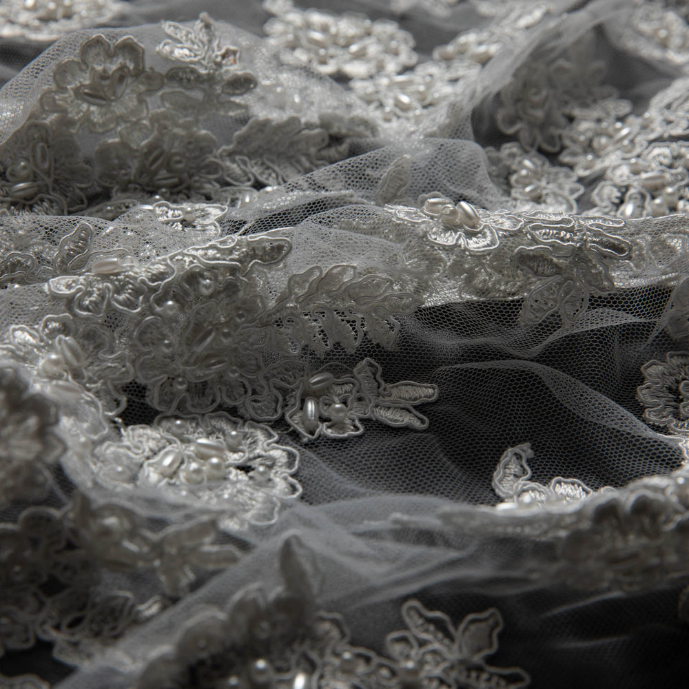 1 Yard Tulle Lace Fabric with Beads and Floral Embroidery – 52/54" Wide Designer Textile