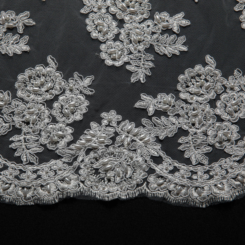 1 Yard Tulle Lace Fabric with Beads and Floral Embroidery – 52/54" Wide Designer Textile