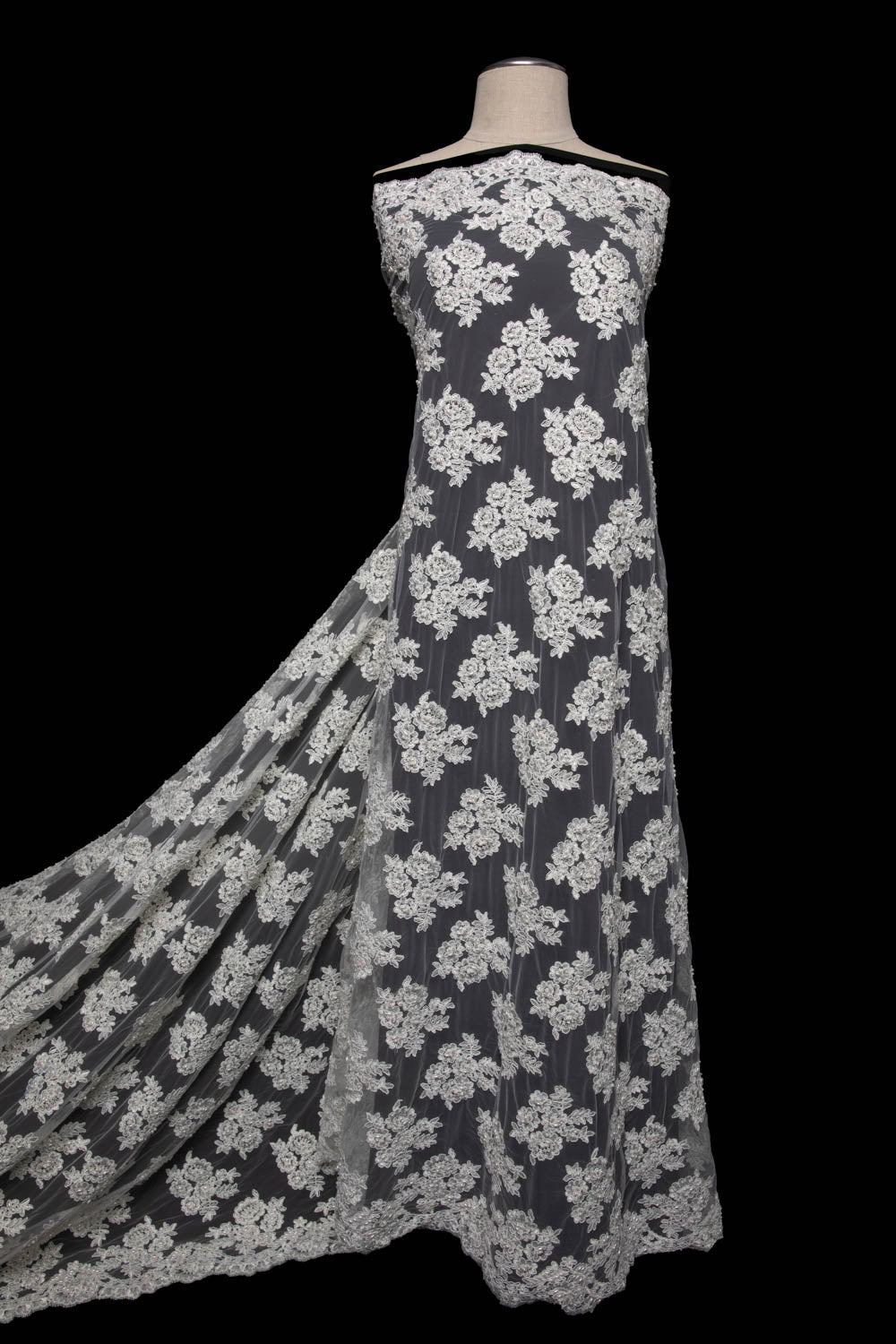 1 Yard Tulle Lace Fabric Embroidered with Beads and Floral Design, 52/54" Wide