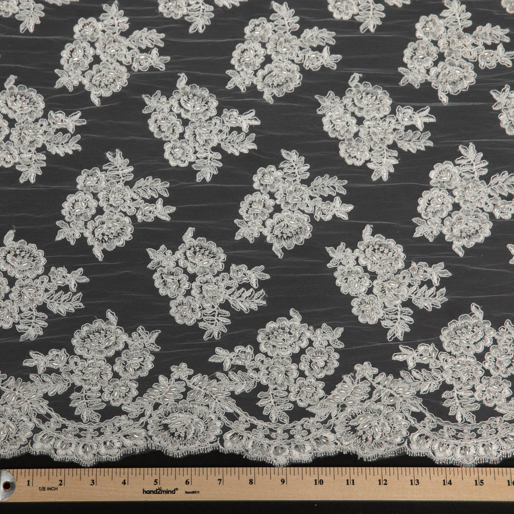 1 Yard Tulle Lace Fabric with Beads and Floral Embroidery – 52/54" Wide Designer Textile