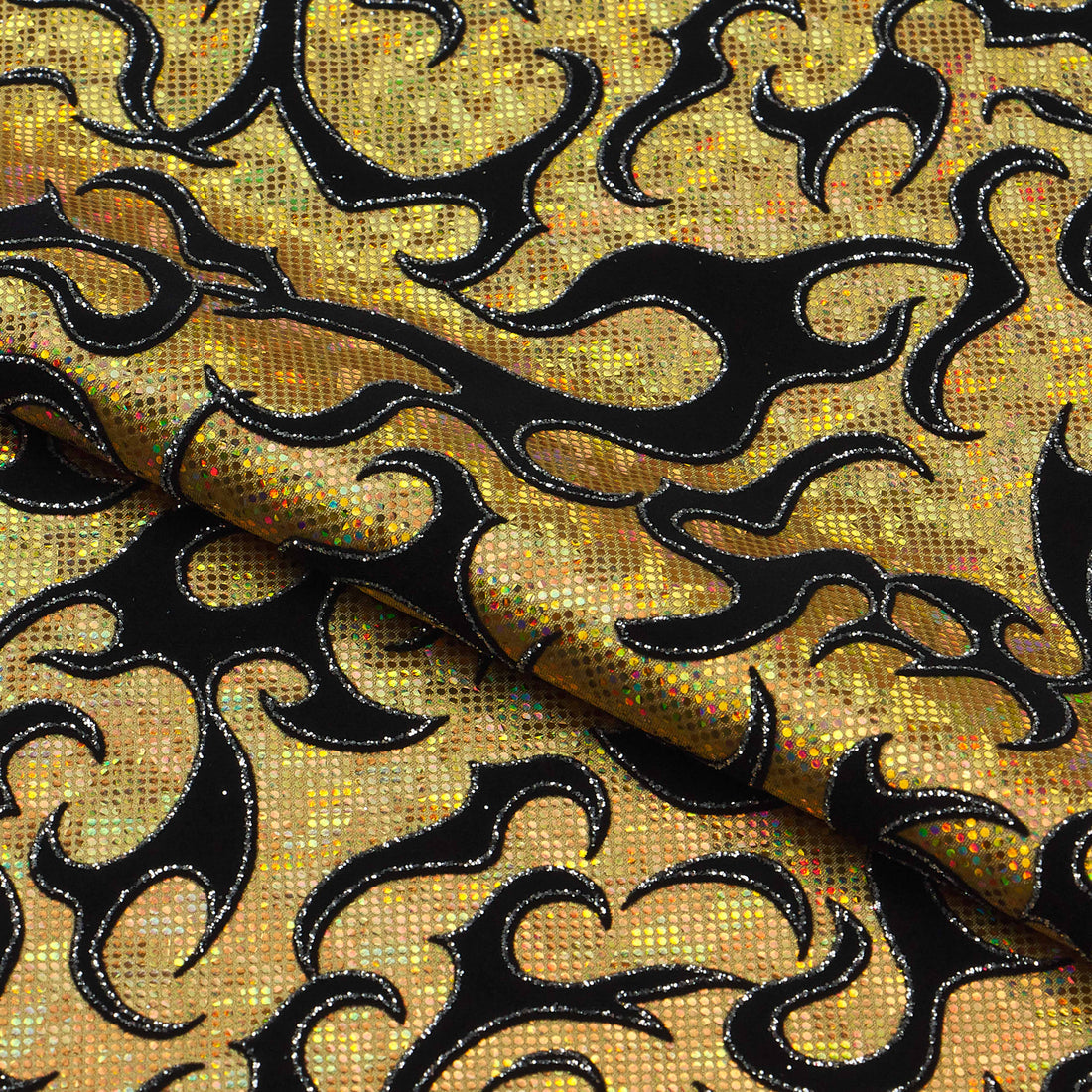 1 Yard Flame Flocked Hologram Spandex Fabric 4-Way Stretch, 56" Wide for Dance & Festival