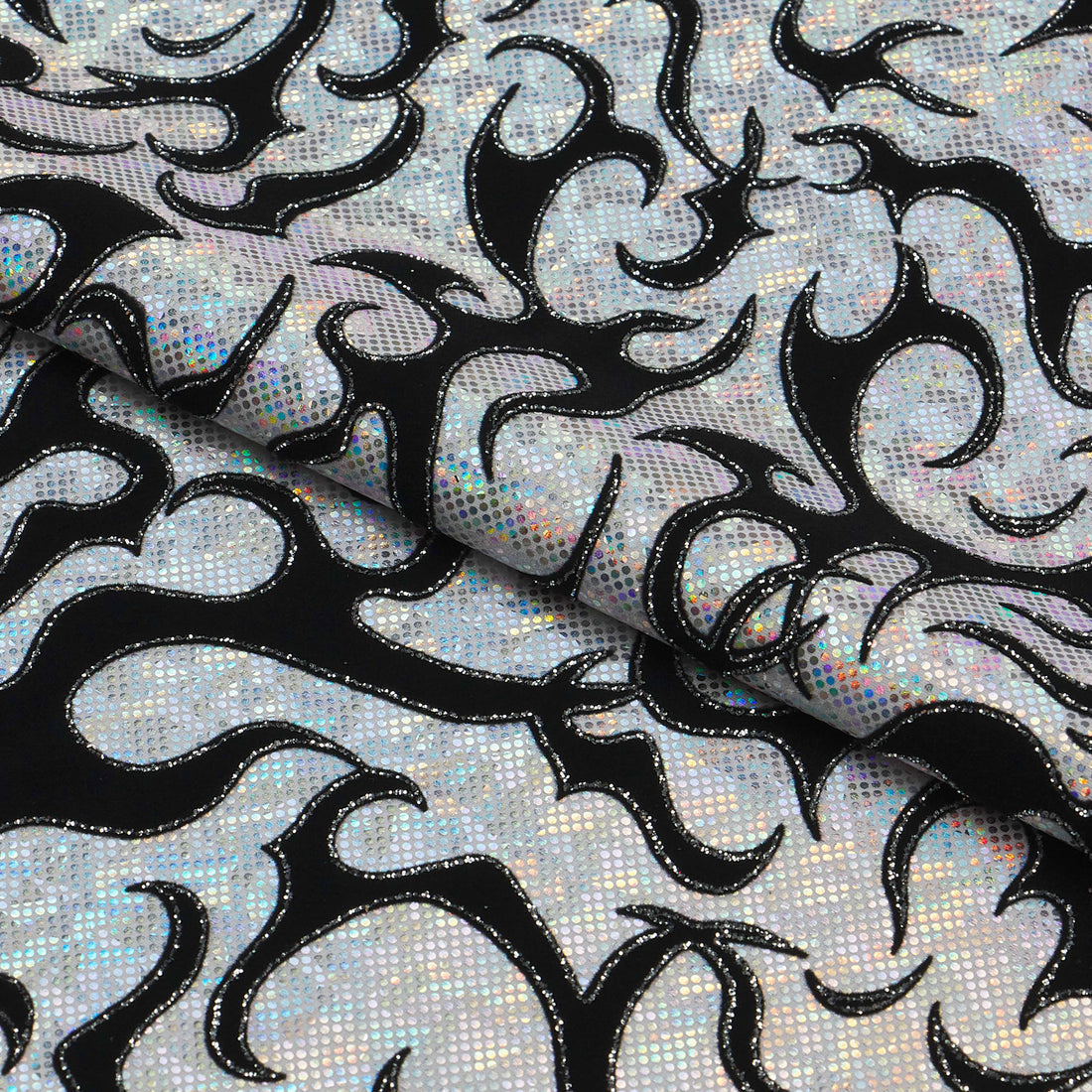 1 Yard Flame Flocked Hologram Spandex Fabric 4-Way Stretch, 56" Wide for Dance & Festival