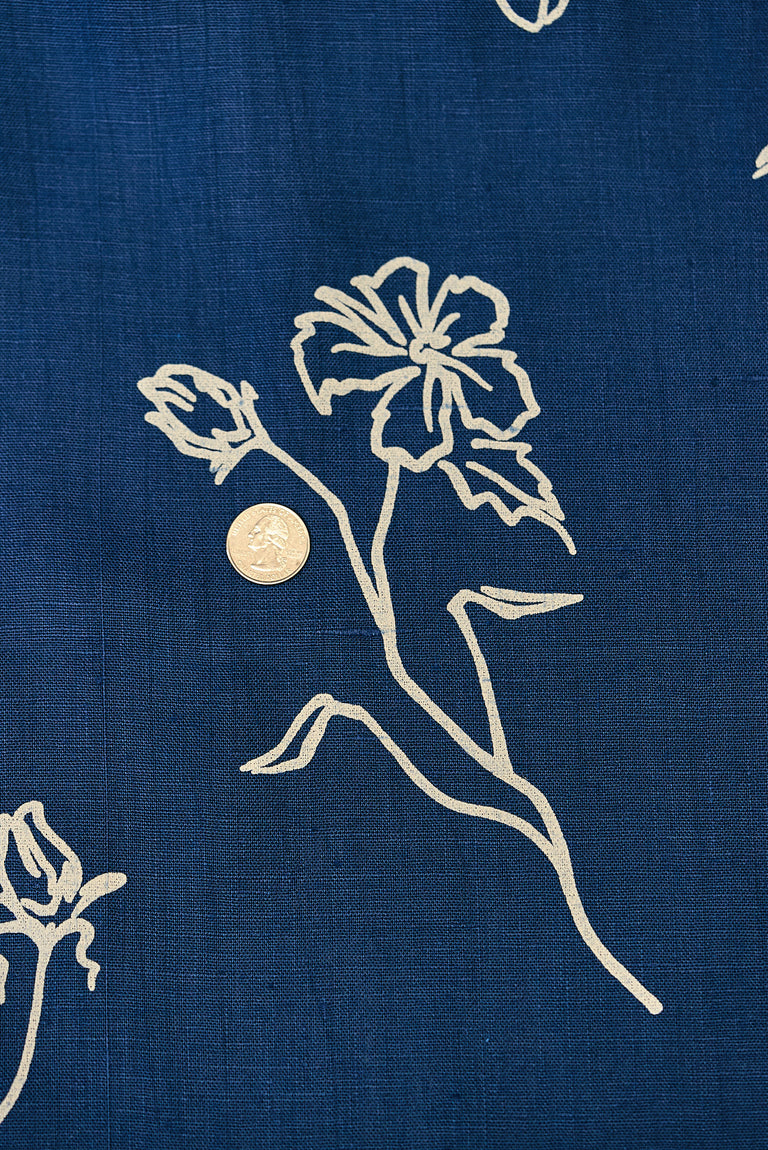 1 Yard Indigo Pure Linen Batique Print Fabric Midweight Printed Laundered 58 Inch Width