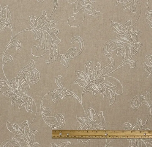 1 Yard Natural Ivory Pure Linen Foliage Embroidered Fabric Midweight Woven 54 Inch Width
