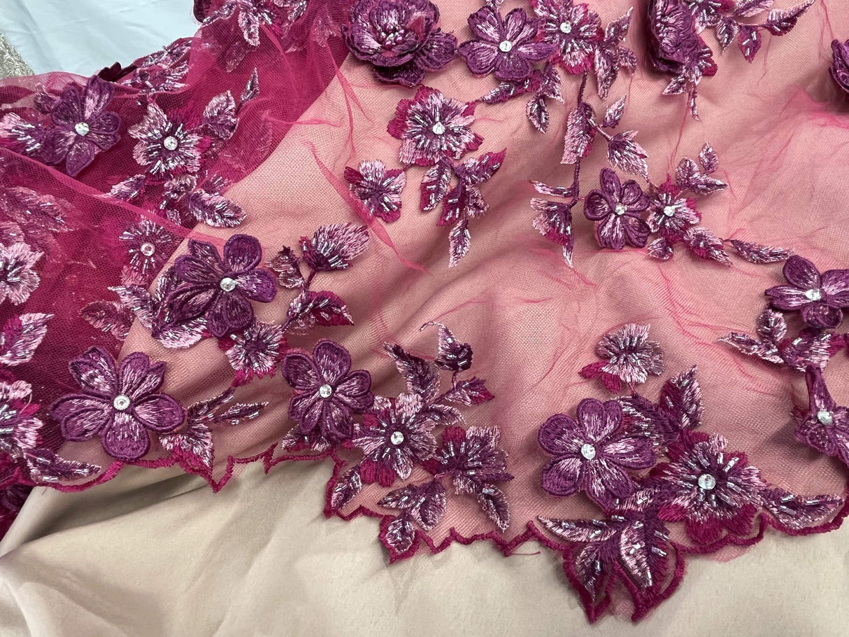 1 Yard 3D Beaded Floral Lace Fabric, Embroidered Mesh with Rhinestones & Scalloped Edges