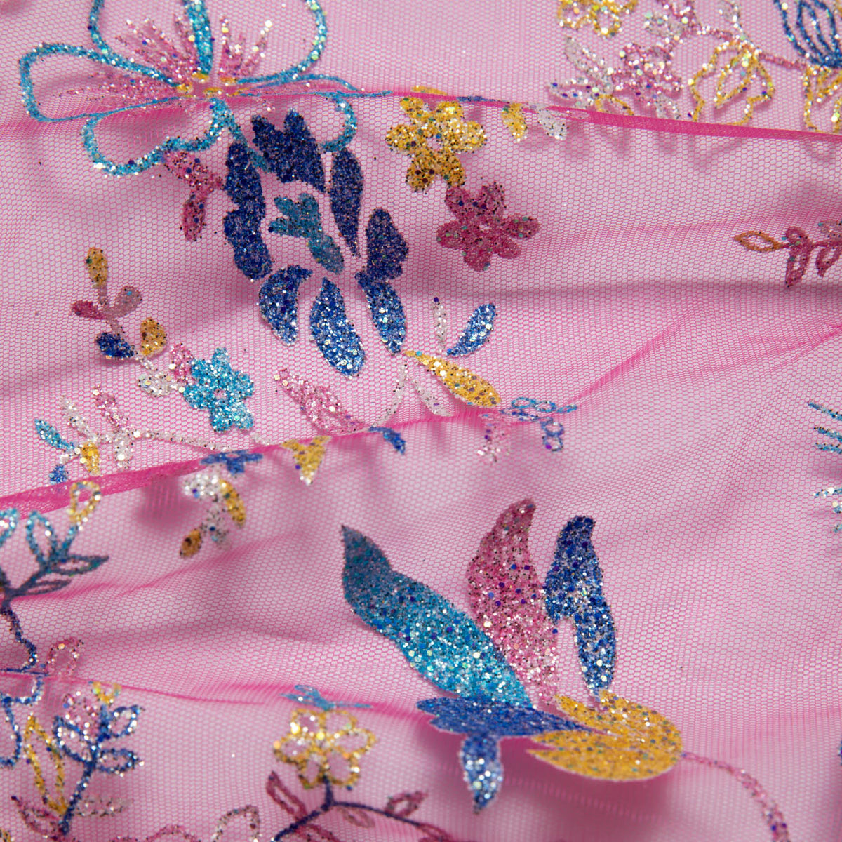 1 Yard Tulle Lace Fabric with Multicolor Glitter and Floral Pattern, 58" Wide