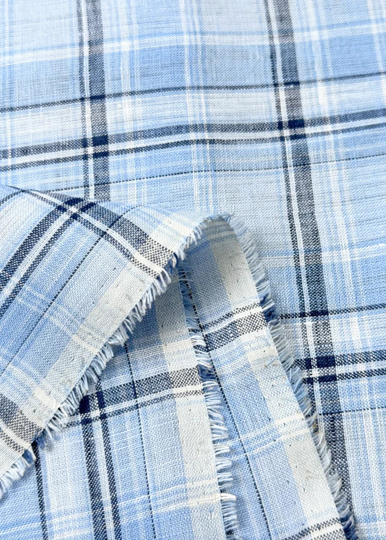 1 Yard Blue Pure Linen Large Plaid 3-Tone Yarn-Dyed Fabric Midweight 58 Inch Width