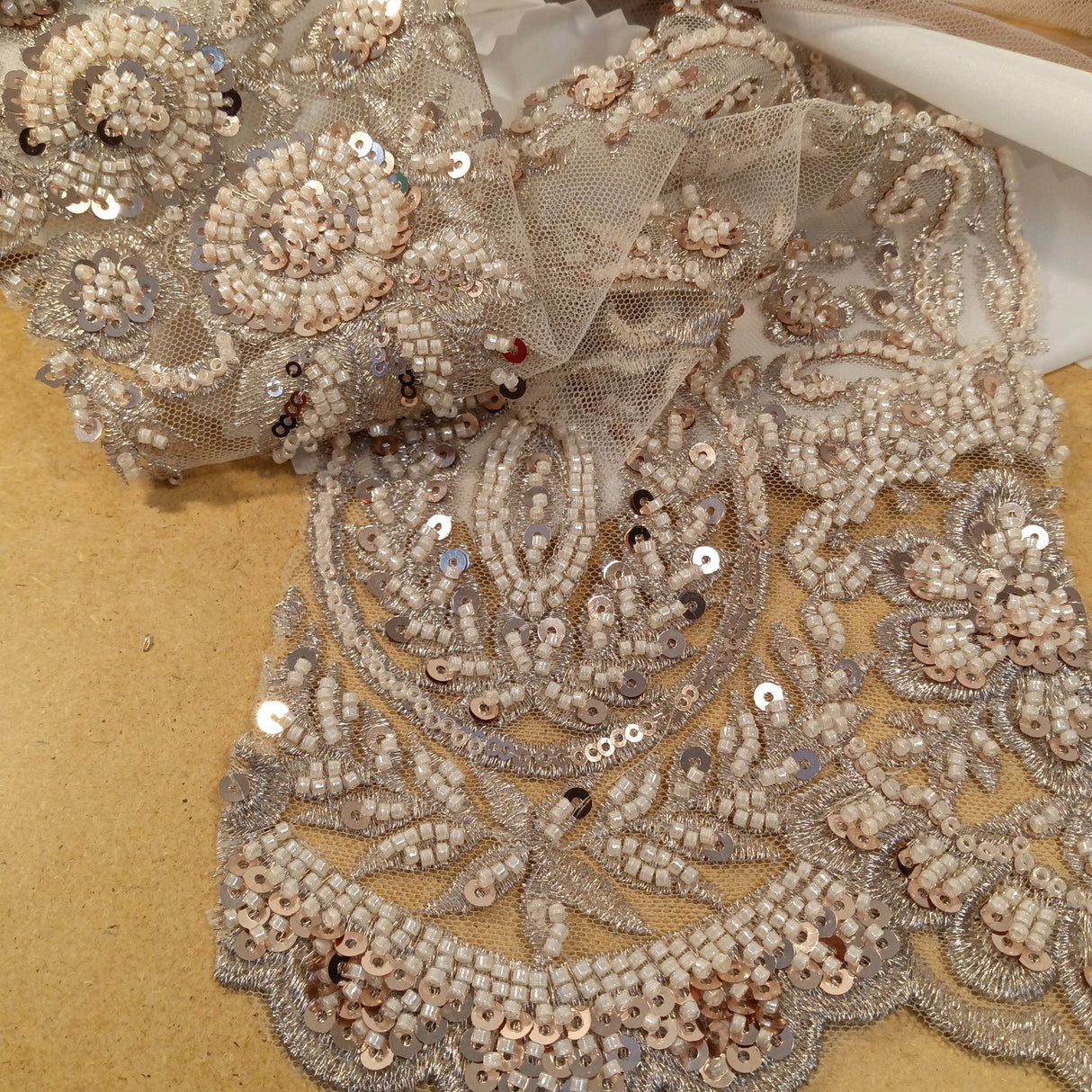 1 Yard Champagne Beaded Lace Fabric on Polyester Net Mesh, Embroidered Lace Fabric, 50" Width