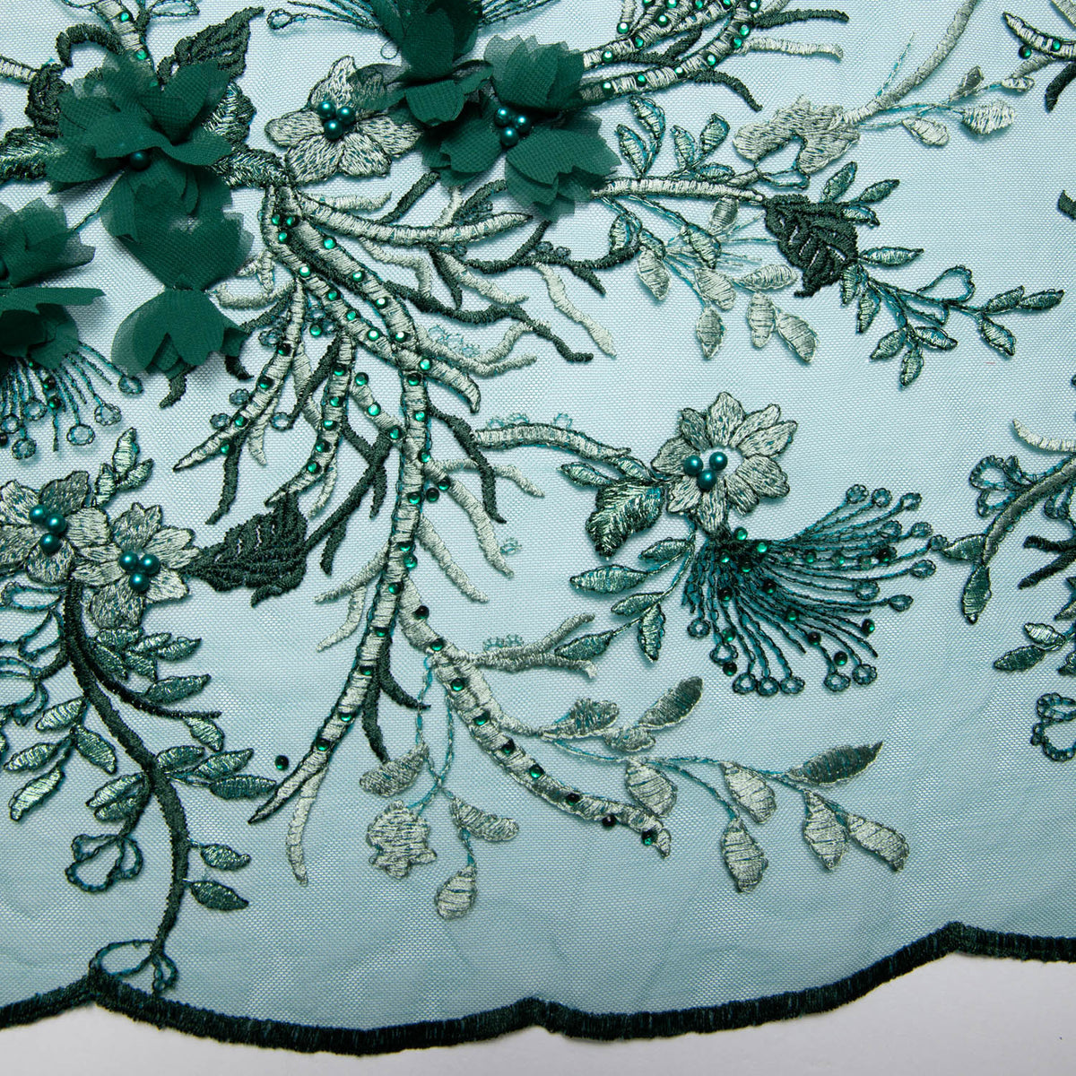 1 Yard Tulle Lace Fabric with Two Tone Embroidered Splendid 3D Floral Pattern, 52" Wide