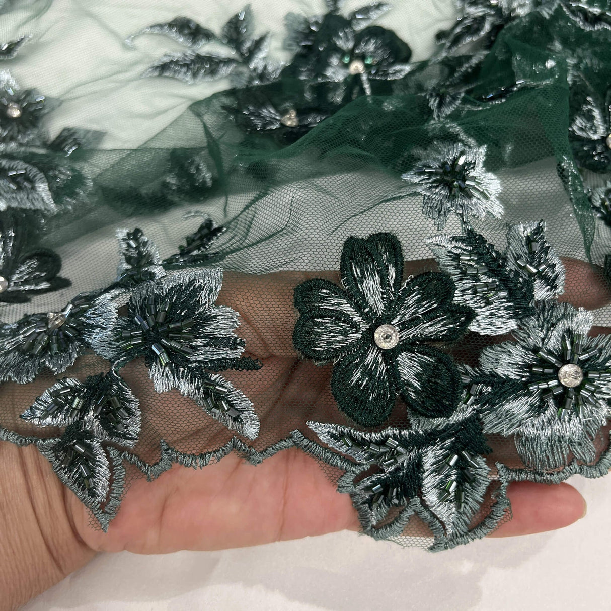 1 Yard 3D Beaded Floral Lace Fabric, Embroidered Mesh with Rhinestones & Scalloped Edges