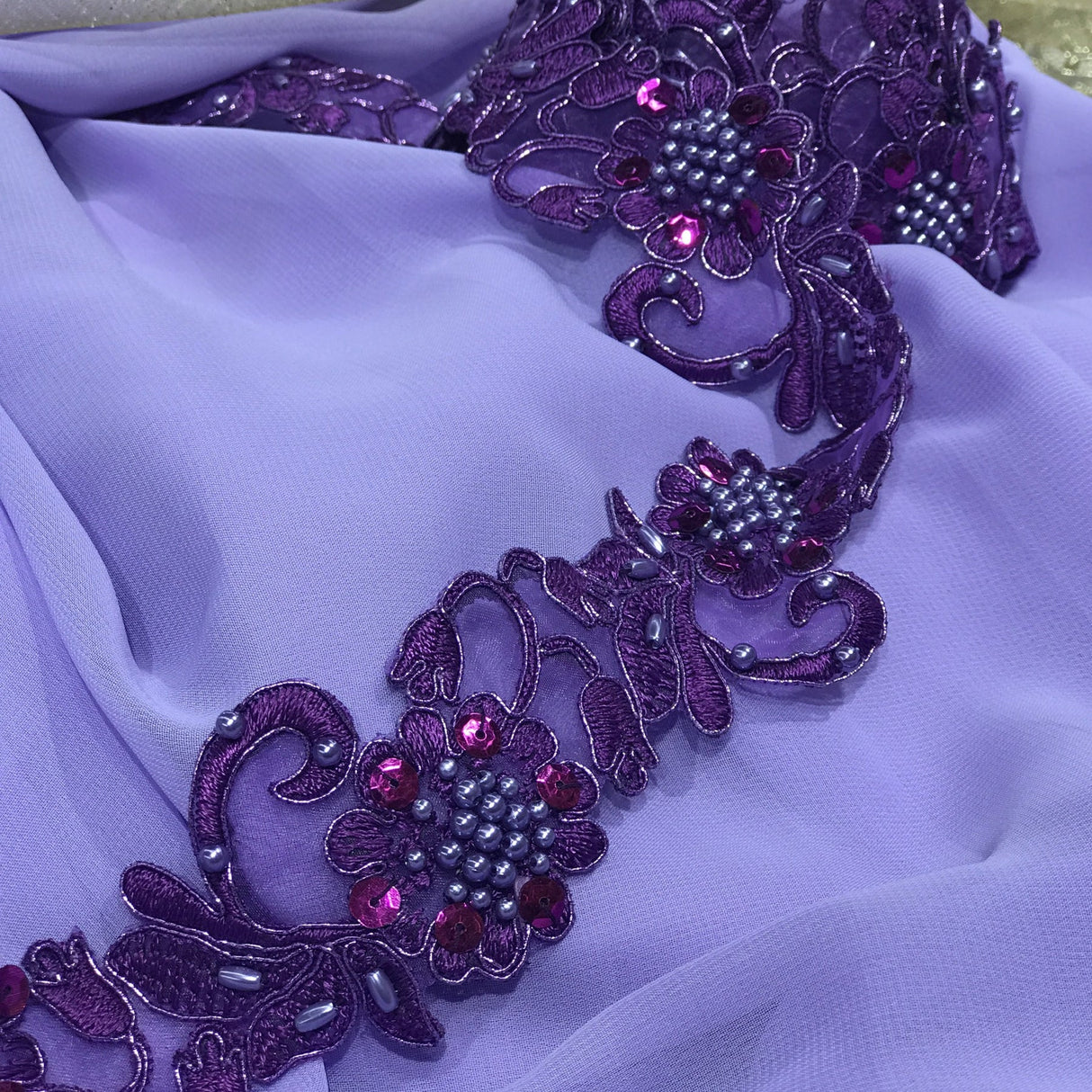 1 Yard Handmade Beaded & Corded Lace Trimming Embroidered on Polyester Organza 2 Inch Width