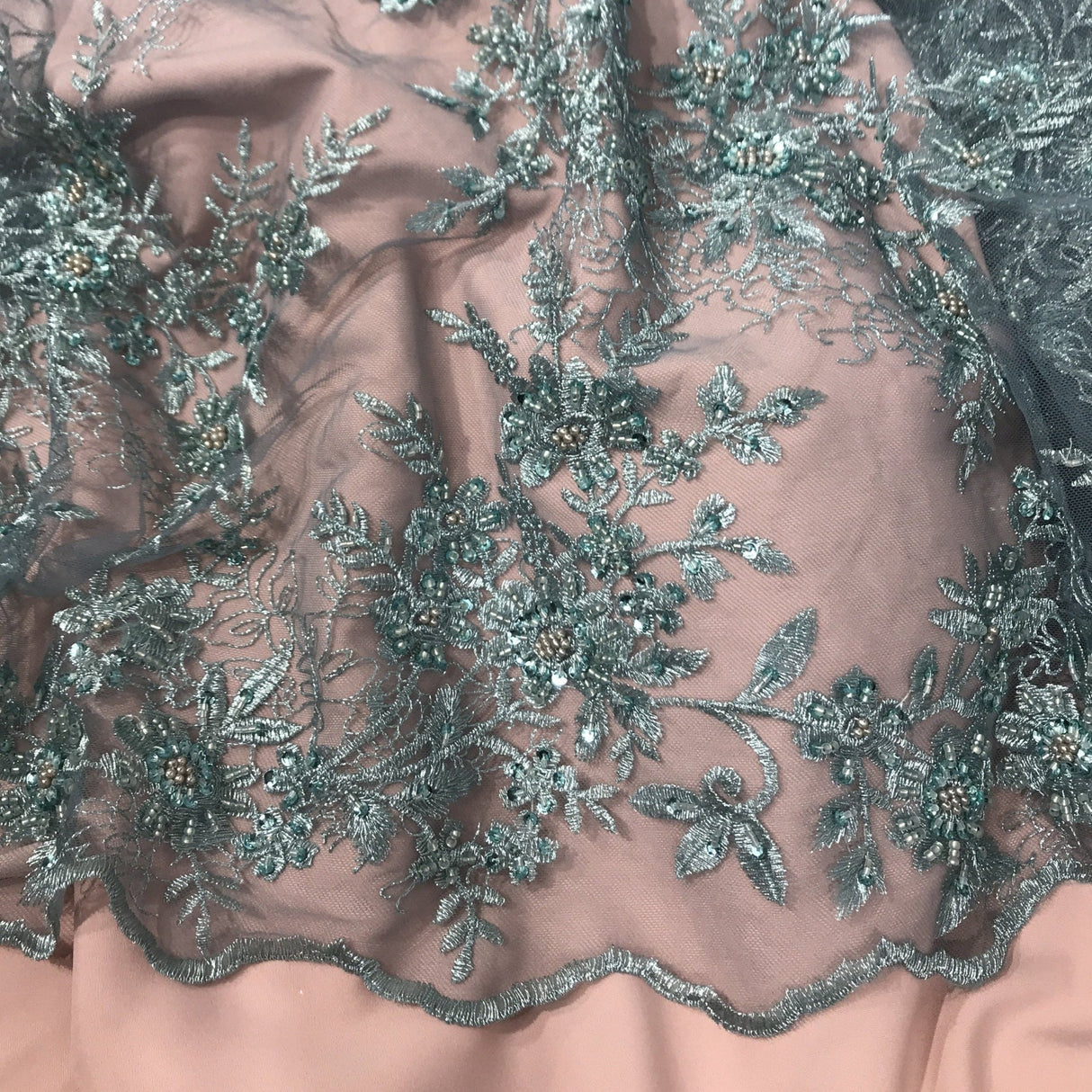 1 Yard Beaded Floral Lace Fabric Embroidered on 100% Polyester Net Mesh 51" Width