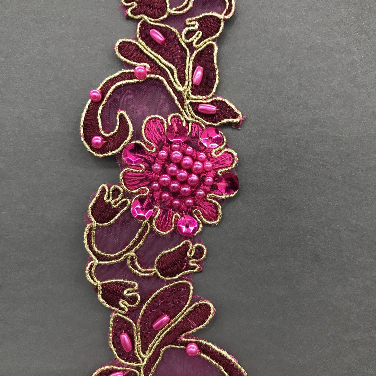 1 Yard Handmade Beaded & Corded Lace Trimming Embroidered on Polyester Organza 2 Inch Width