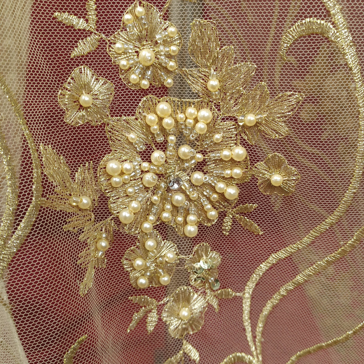 1 Yard Elegant Beaded Lace Fabric Embroidered on Polyester Net Mesh 51 inch Width