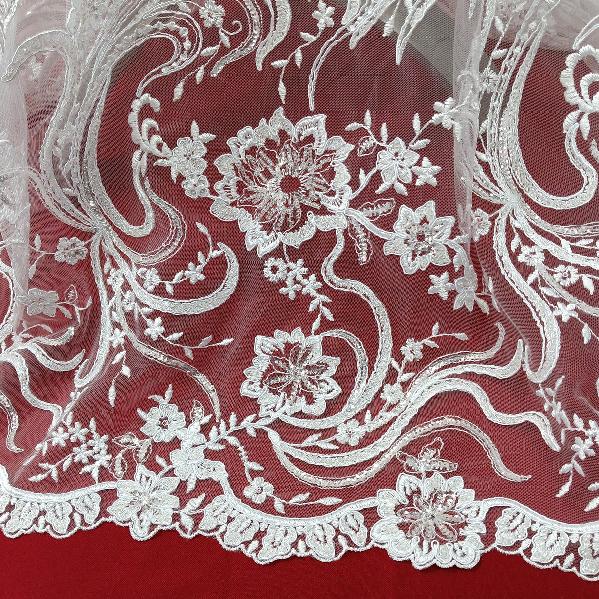 1 Yard Exquisite White Hand-Beaded Corded Bridal Lace Fabric on Net Mesh 52 inch Width