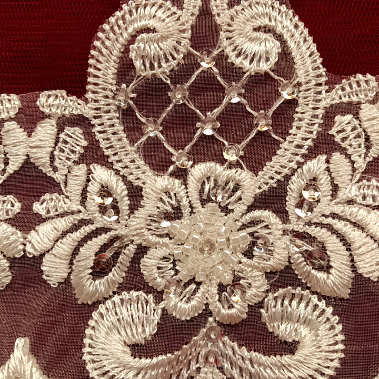 1 Yard Beaded Lace Trimming on Organza | 6" Wide | Handmade Embroidered Trim for Bridal, Gowns & Costumes