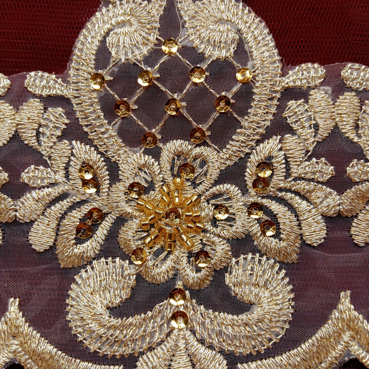1 Yard Beaded Lace Trimming on Organza | 6" Wide | Handmade Embroidered Trim for Bridal, Gowns & Costumes