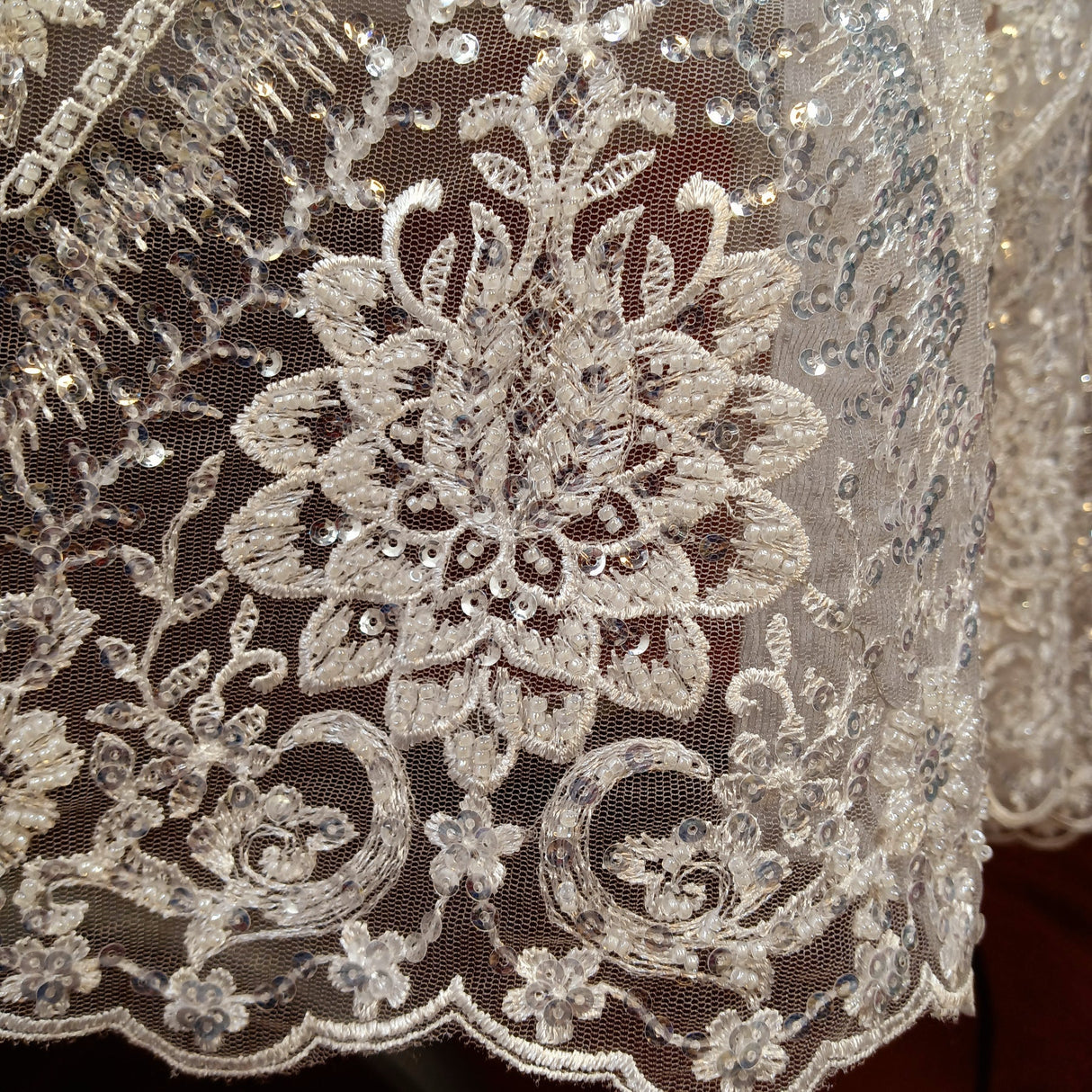 1 Yard Gold Beaded & Sequined Embroidered Lace Fabric on 100% Polyester Mesh, 52" Width,