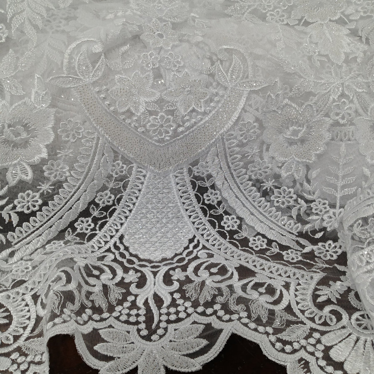 1 Yard Exquisite White Hand-Beaded Lace Fabric on 100% Polyester Net Mesh 51 inch Width