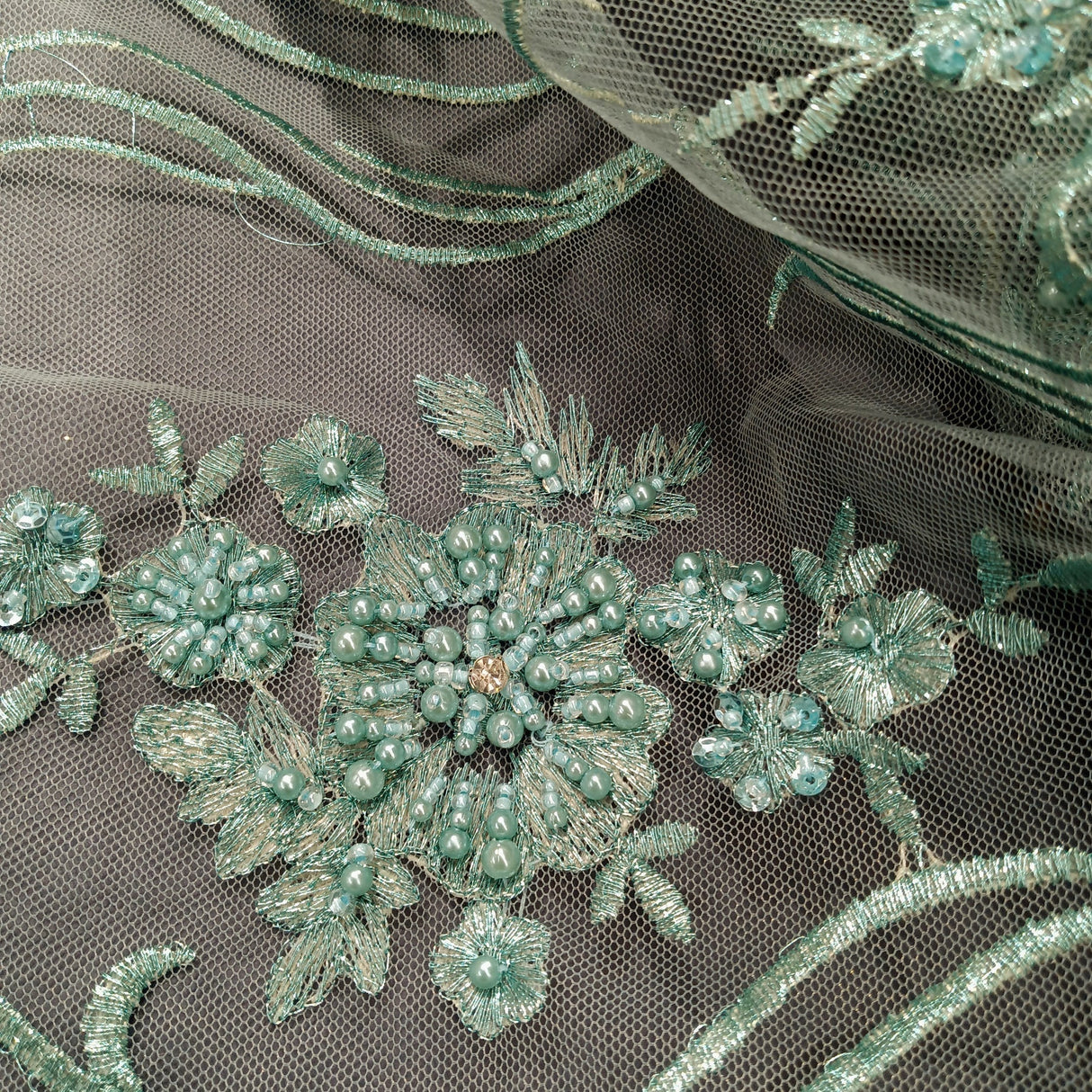 1 Yard Elegant Beaded Lace Fabric Embroidered on Polyester Net Mesh 51 inch Width