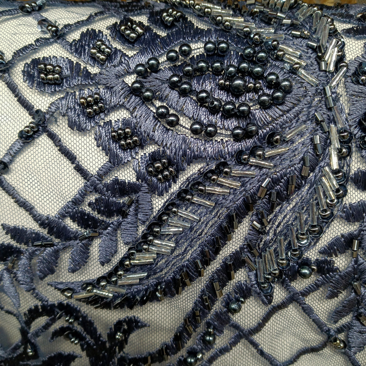 1 Yard Navy Beaded Lace Fabric Embroidered on Polyester Net Mesh 52 inch Width