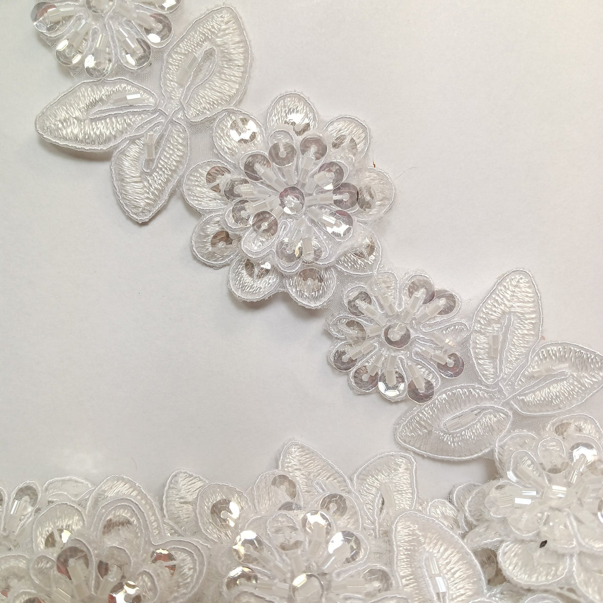 1 Yard 3D Floral Beaded & Corded Lace Trimming on 100% Polyester Organza 2″ Wide