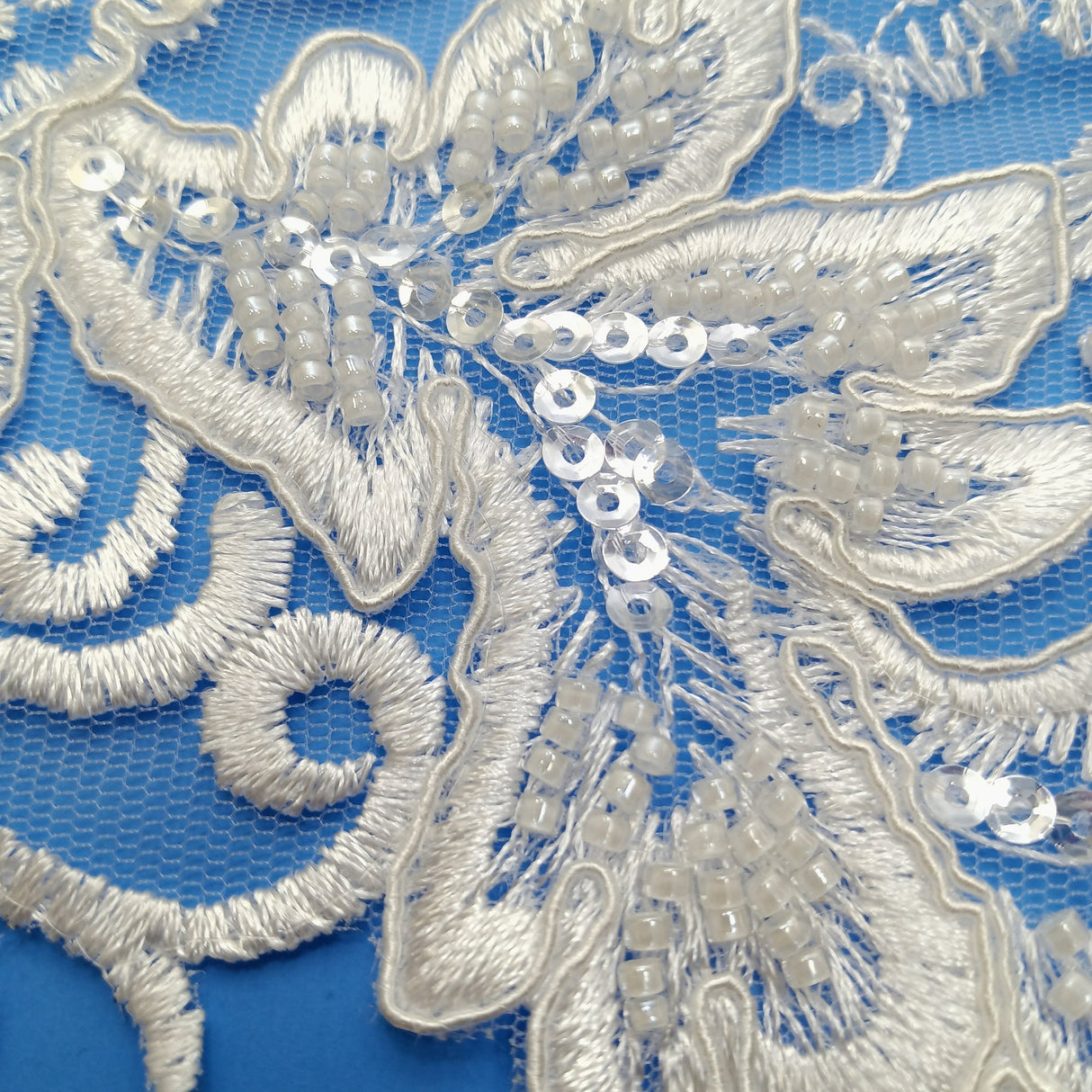 Beaded & Corded Lace Medallion Applique on 100% Polyester Mesh 25" x 10.5"