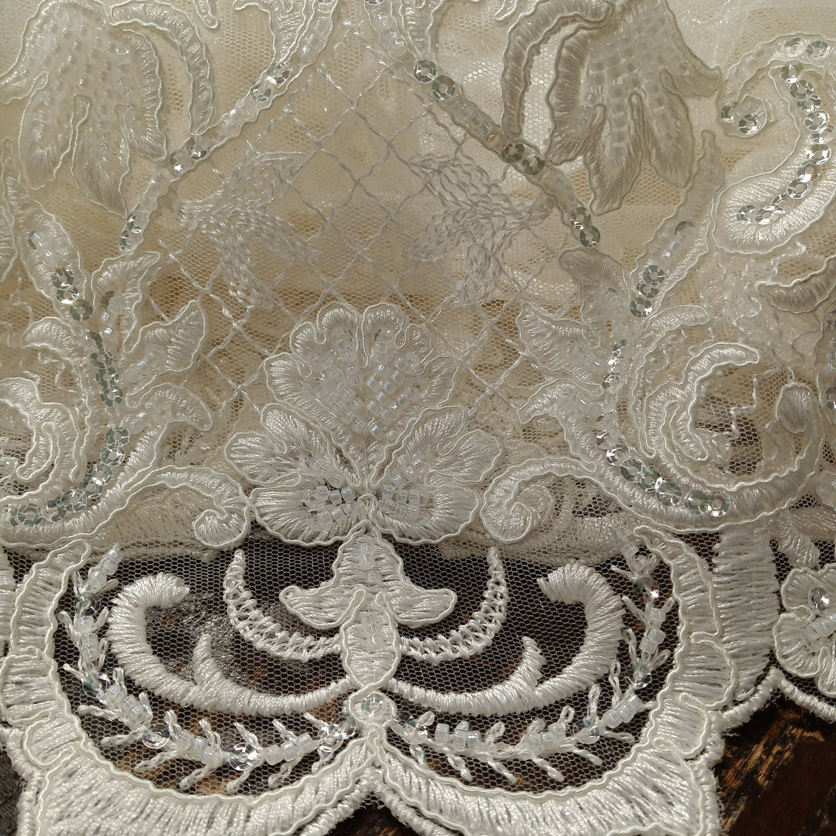 1 Yard Ivory Beaded & Corded Lace Fabric on 100% Polyester Mesh, 51" Wide Embroidered Net Lace for Apparel & Decor