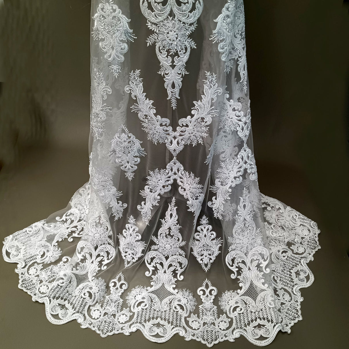 1 Yard Regal Beaded & Corded Lace Fabric Embroidered on Polyester Net Mesh Elegant Bridal & Couture Design 52" Wide