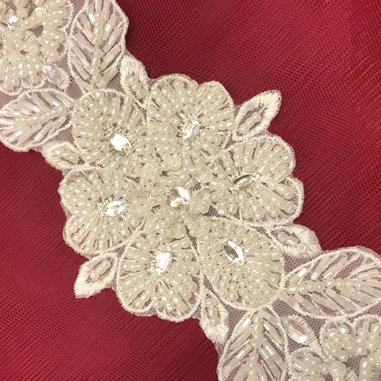 Pearl & Rhinestone Beaded Lace Applique 100% Polyester Net Mesh 12.5" x 3"