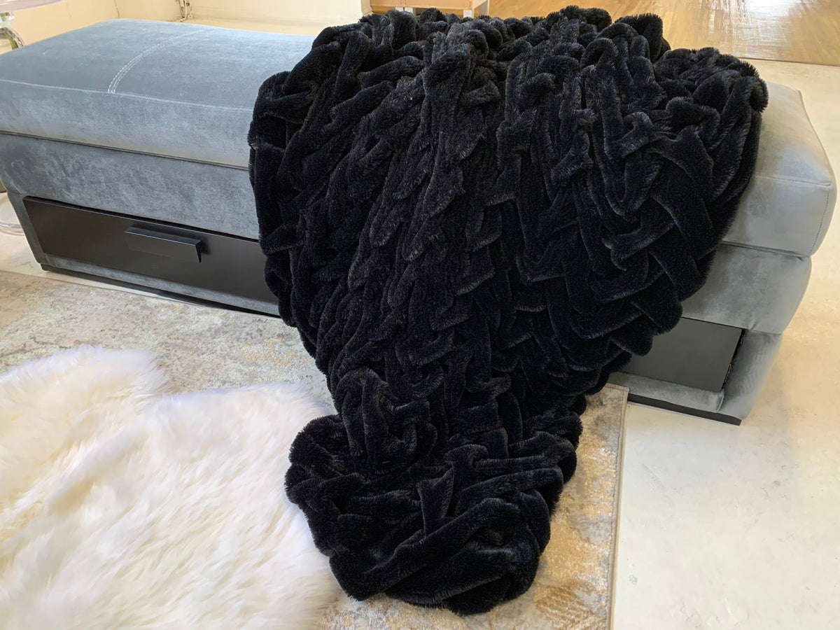 Braided Black and White & Mocha Soft Cozy Faux Fur Blanket/Quilt