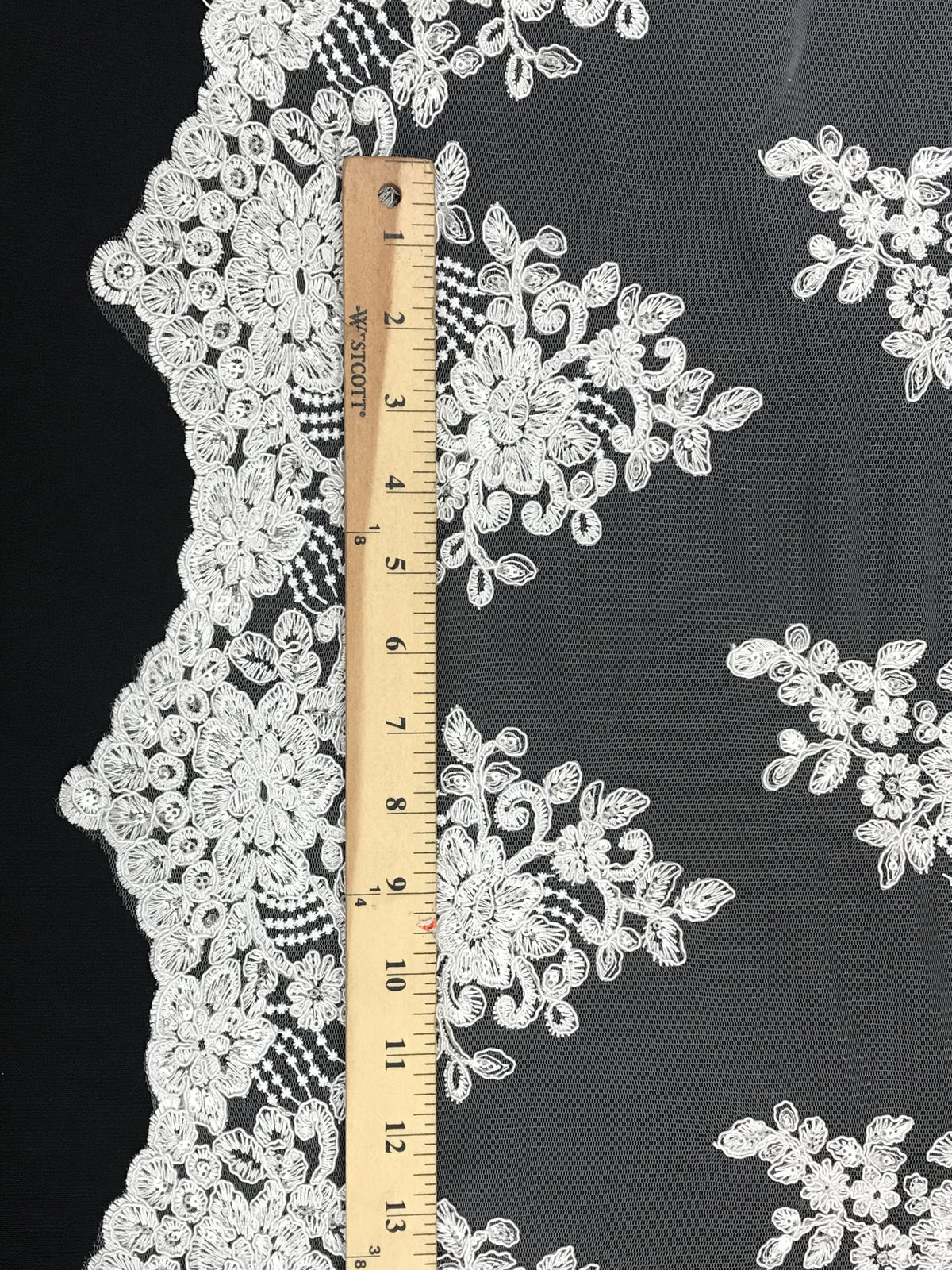 Imperial White Lace Polyester Fabric - White Mesh Net Corded Embroidered With Small Clear Iridescent Sequins, 53/54" Width