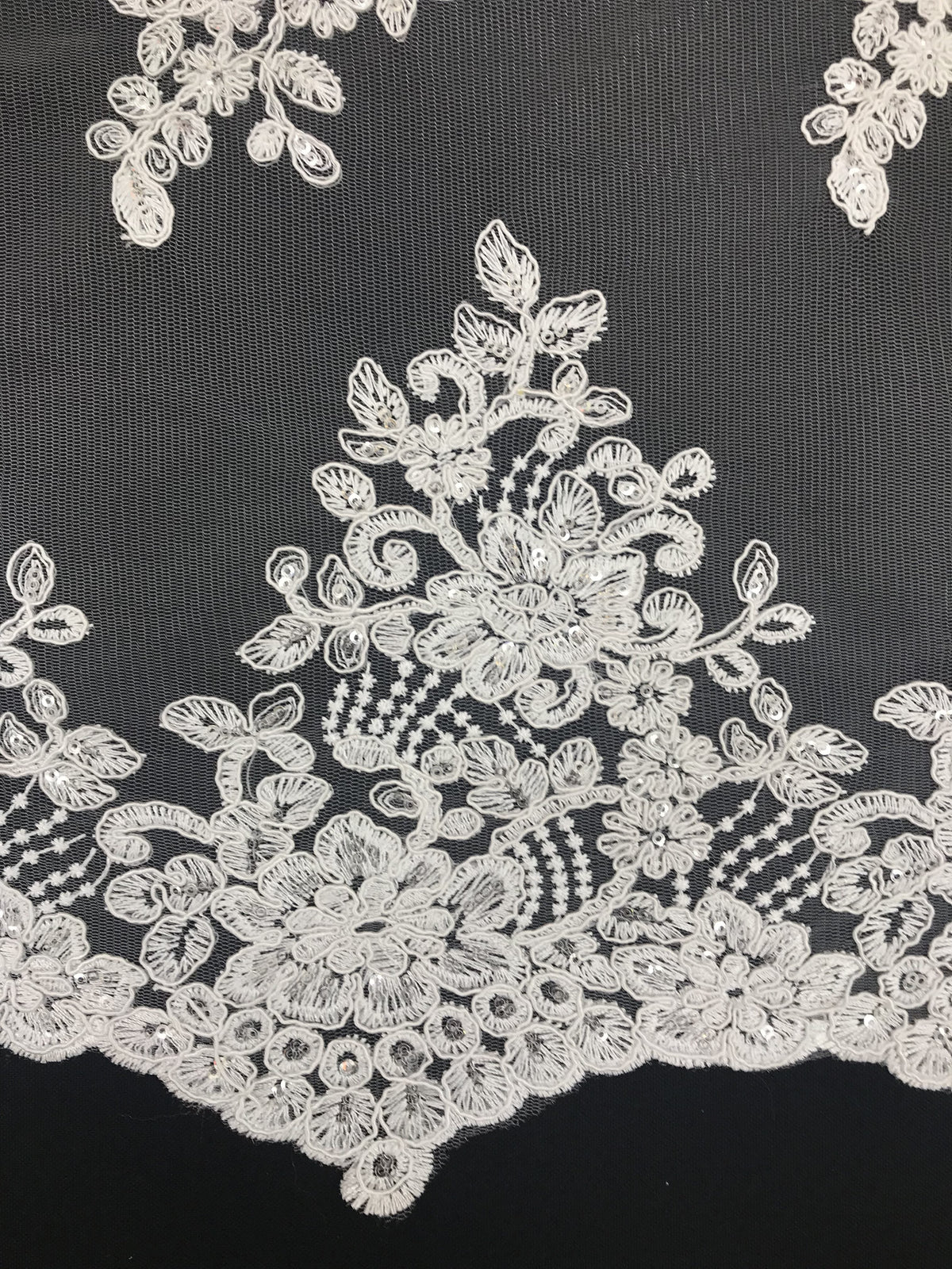 Imperial White Lace Polyester Fabric - White Mesh Net Corded Embroidered With Small Clear Iridescent Sequins, 53/54" Width