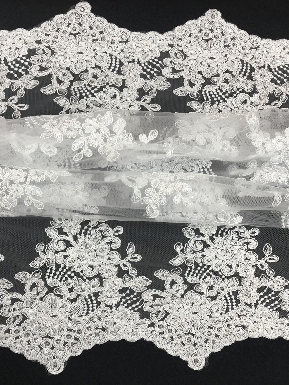 Imperial White Lace Polyester Fabric - White Mesh Net Corded Embroidered With Small Clear Iridescent Sequins, 53/54" Width