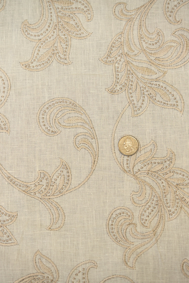 1 Yard White Sand Pure Linen Foliage Embroidered Fabric Midweight Woven 54 Inch Width