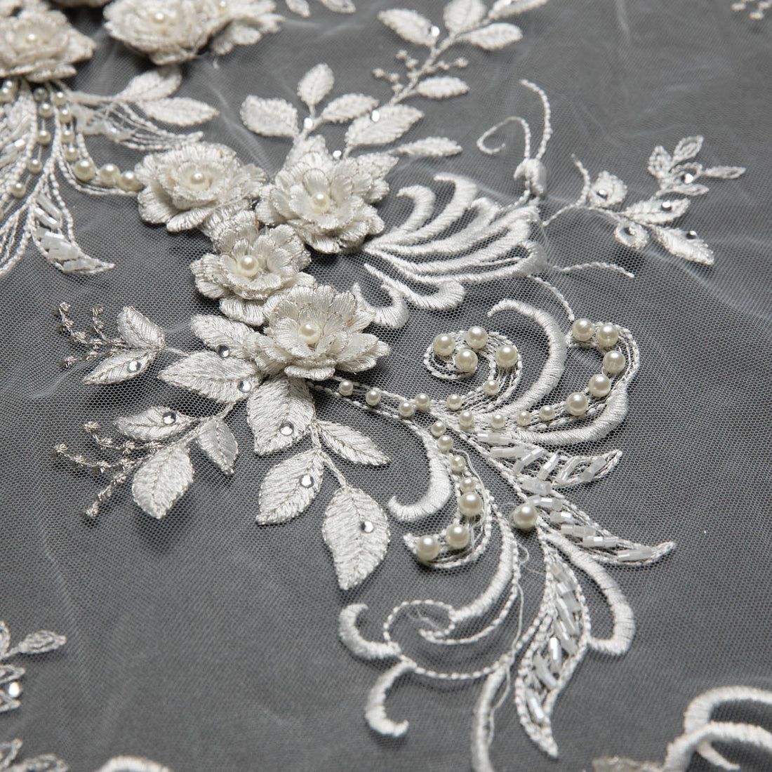 1 Yard Sophisticated 3D Floral Applique Embroidered Tulle Lace Fabric 52" Wide for Wedding & Evening Wear