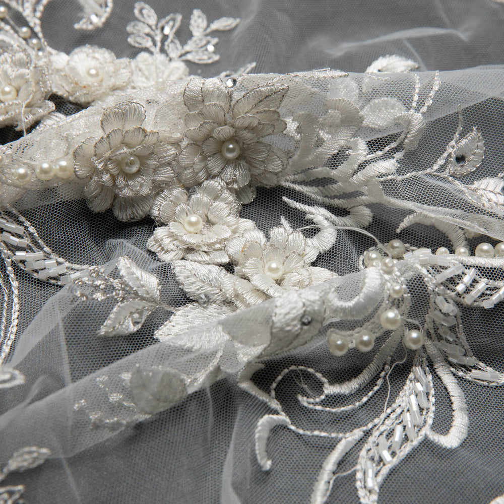 1 Yard Tulle Lace Fabric Embroidered Applique 3D Floral Design Elegant Look 52" Wide