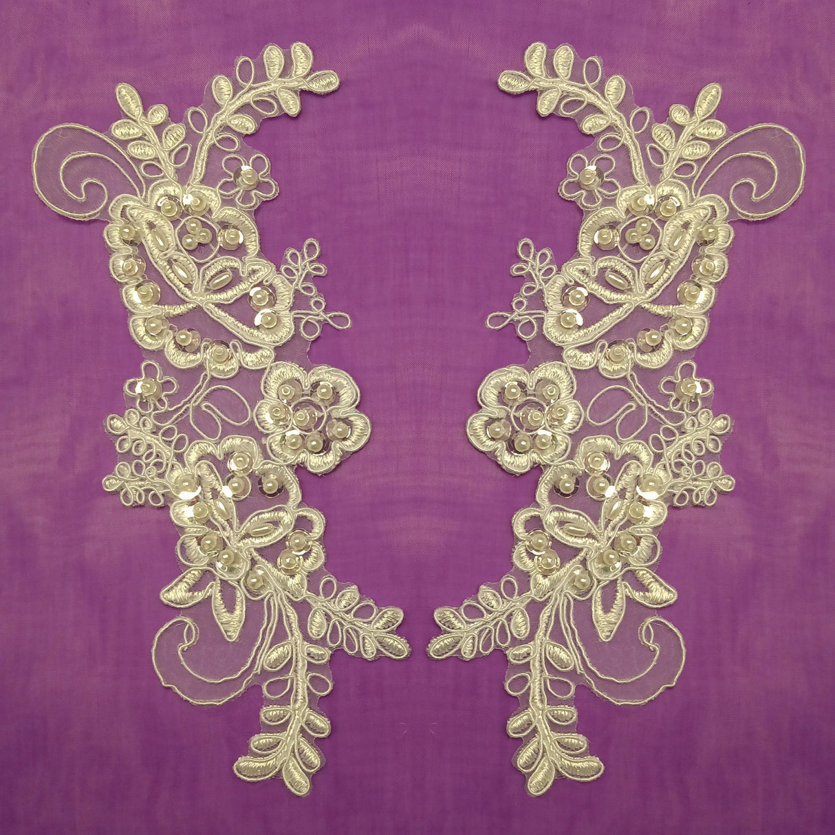 1 Pair Beaded & Corded Lace Applique Embroidered on 100% Polyester Organza 7.5" x 2.75" Each Side