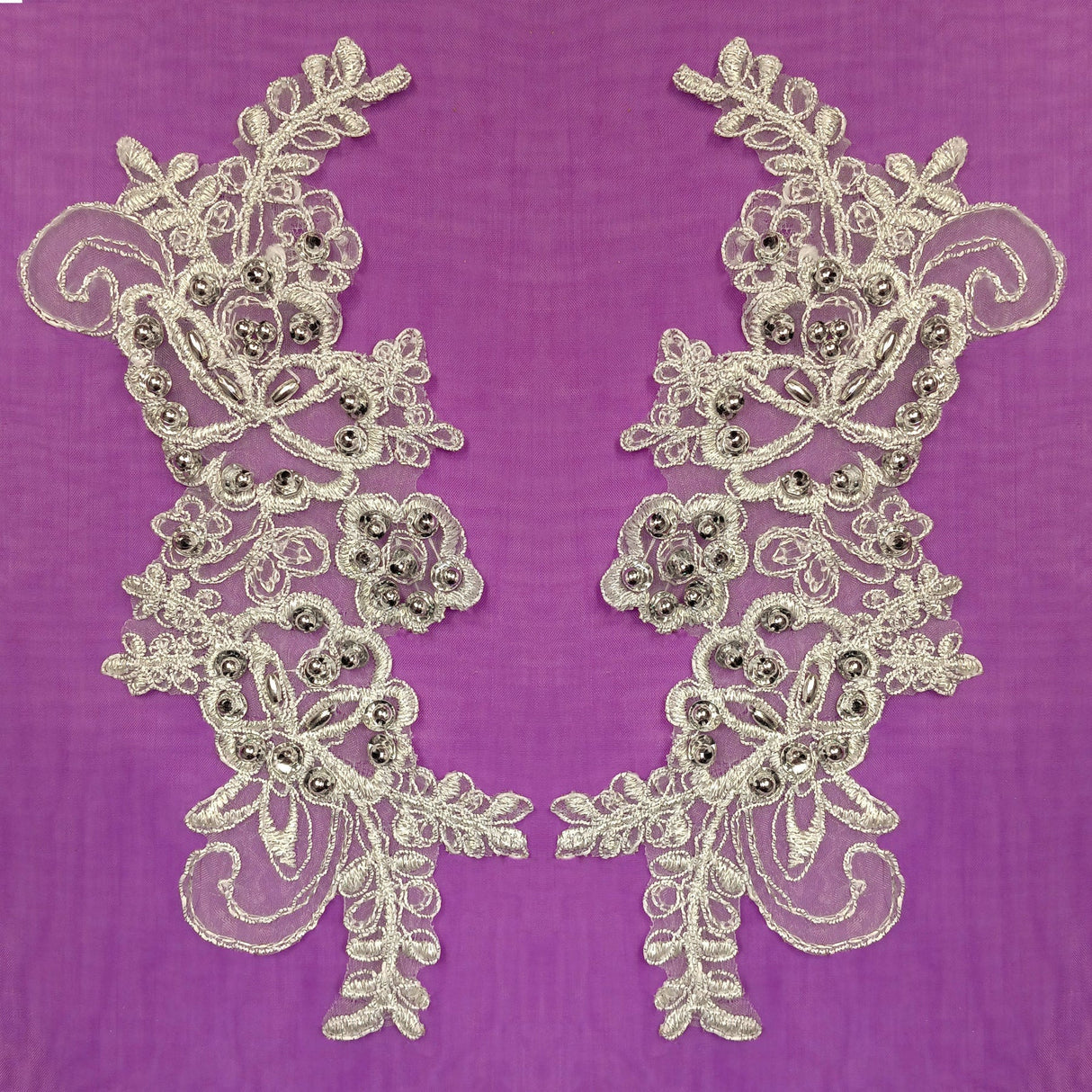 1 Pair Beaded & Corded Lace Applique Embroidered on 100% Polyester Organza 7.5" x 2.75" Each Side