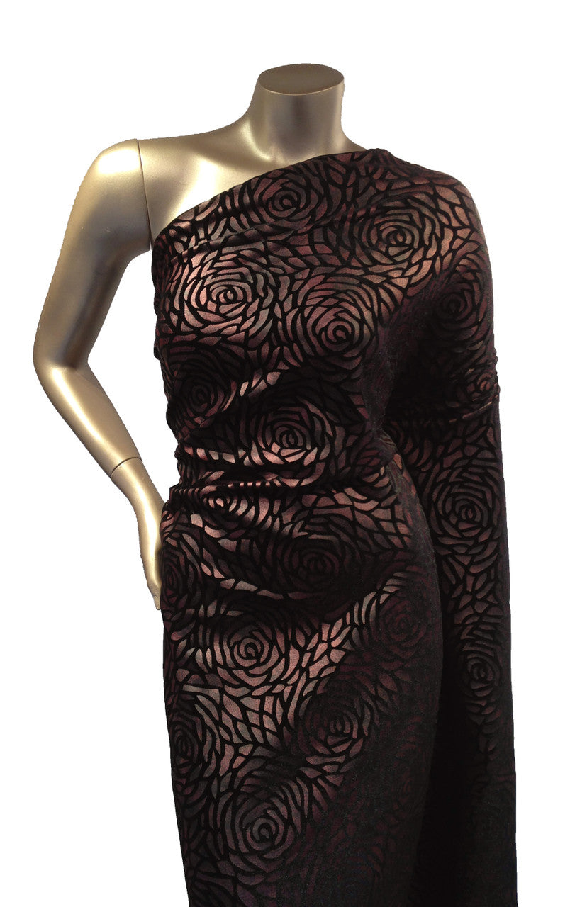 Big Rose Pattern 2 Tone Matte Foil Stretch Velvet Polyester Spandex Fabric - Dark Red, Dark Blue, Big Rose Pattern, 58 To 60 Inches Wide